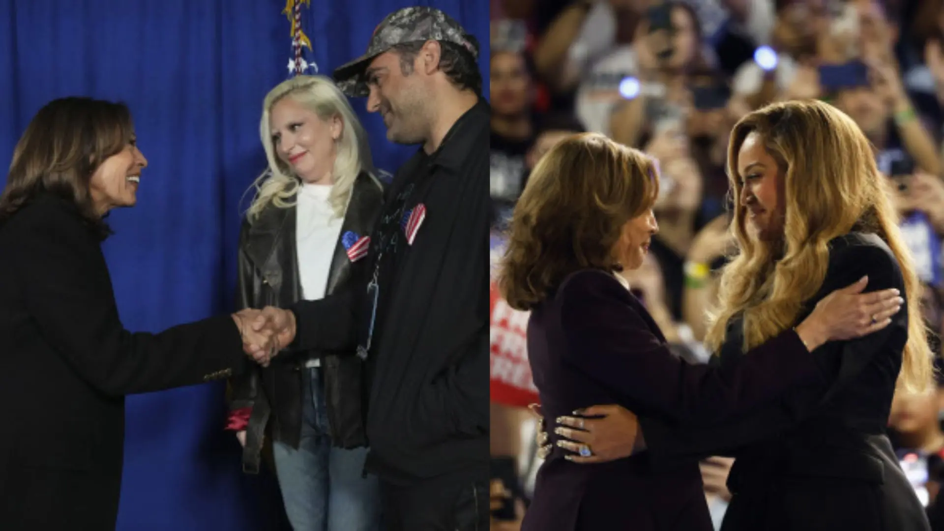 Kamala Harris greets Lady Gaga and her fiancé Michael Polansky | Beyonce embraces Harris on stage during a campaign rally