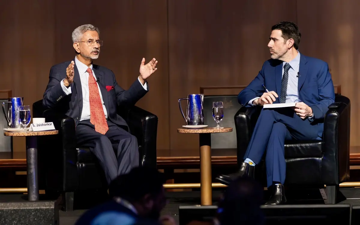 External Affairs Minister S Jaishankar interacts with Australian Strategic Policy Institute Executive Director Justin Bassi at the inaugural session of Raisina Down Under 2024 | Photo: ANI