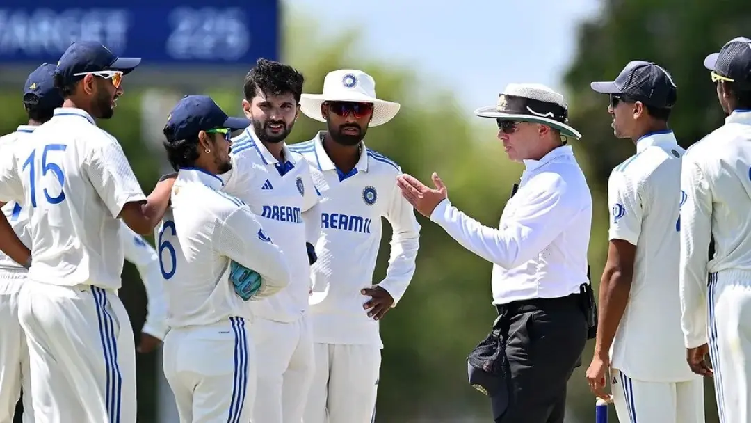 India A players in discussion with umpire Shawn Craig | Credit: X/cricket.com.au