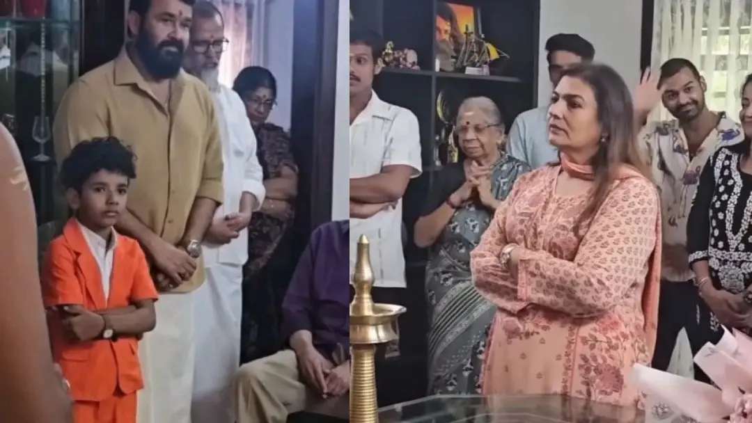 From (L) Mohanlal, his wife Suchitra and their son Pranav (behind his mother) at a family event. | Photo: @popcorniac/Instagram