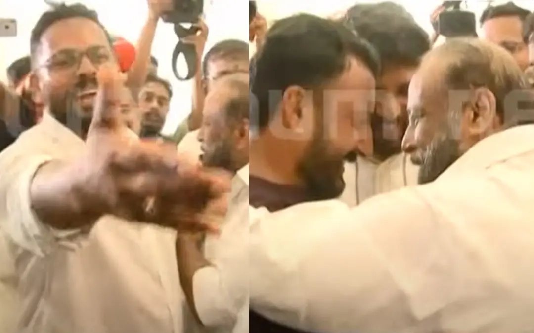 Sarin extending hand to Rahul Mamkootathil and Shafi Parambil; Rahul and Shafi having frinedly talks with former Congress leader  A V Gopinath, ignoring Sarin