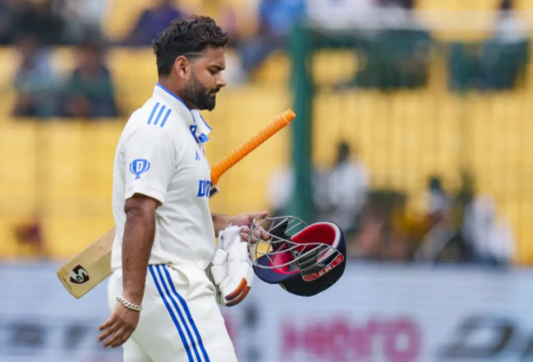 Rishabh Pant walks off the ground after his dismissal during the second day of the first Test cricket match between India and New Zealand, at M Chinnaswamy Stadium, in Bengaluru. | Photo: PTI