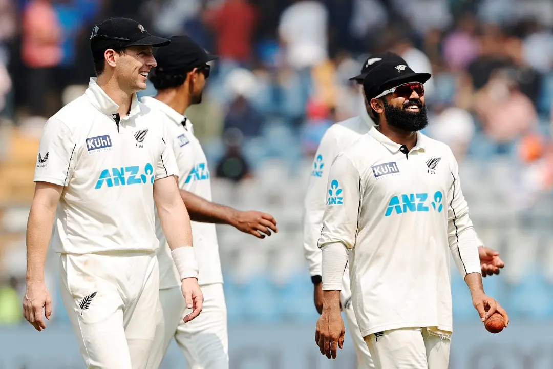 New Zealand's Ajaz Patel celebrates his five-wicket haul during the second day of the third cricket test match between India and New Zealand at Wankhede Stadium in Mumbai on Saturday. | Photo: IANS/@BLACKCAPS