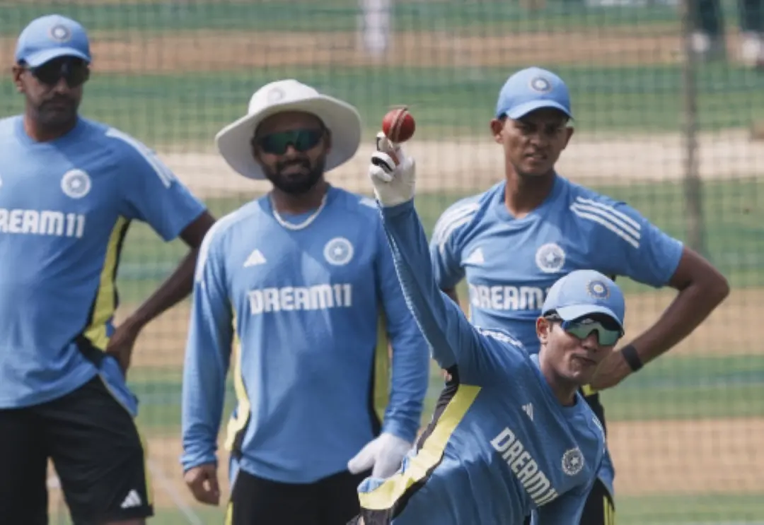 India's Shubman Gill with teammates during a practice session ahead of their third Test cricket match against New Zealand, at Wankhede Stadium in Mumbai. | Photo: PTI