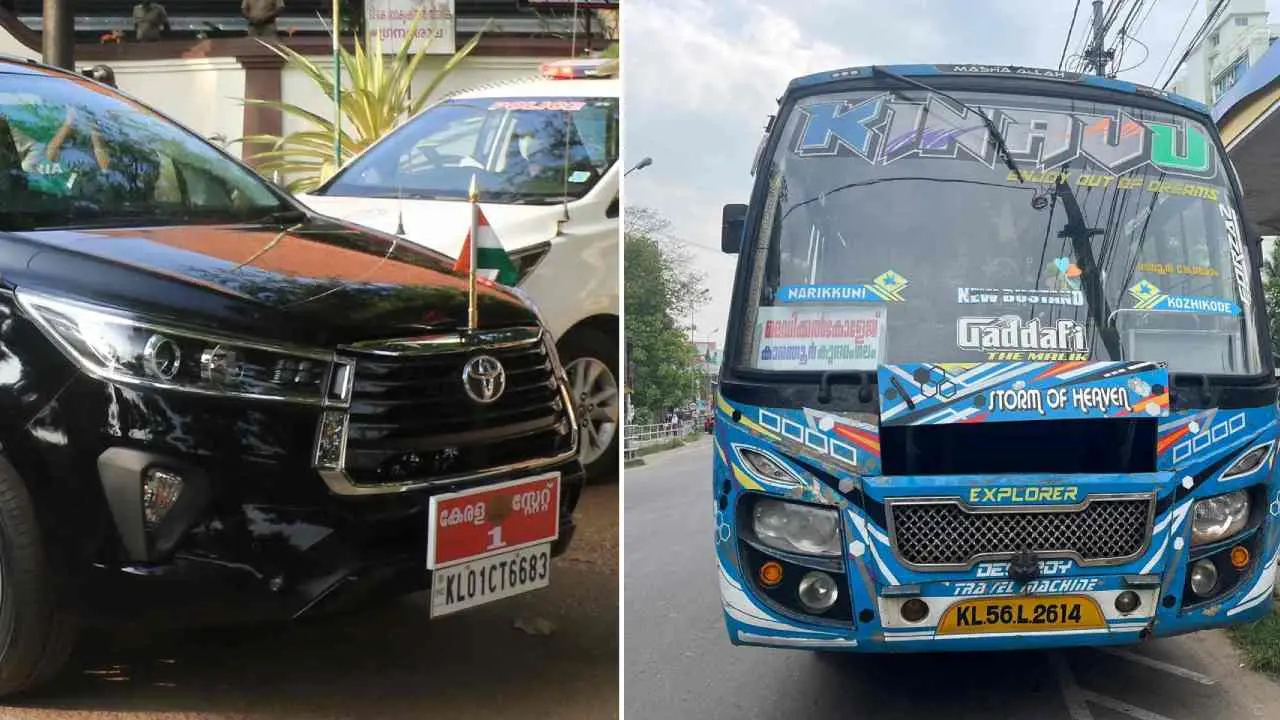 1. മുഖ്യമന്ത്രിയുടെ വാഹനം, 2. പോലീസ് കസ്റ്റഡിയിലെടുത്ത ബസ്