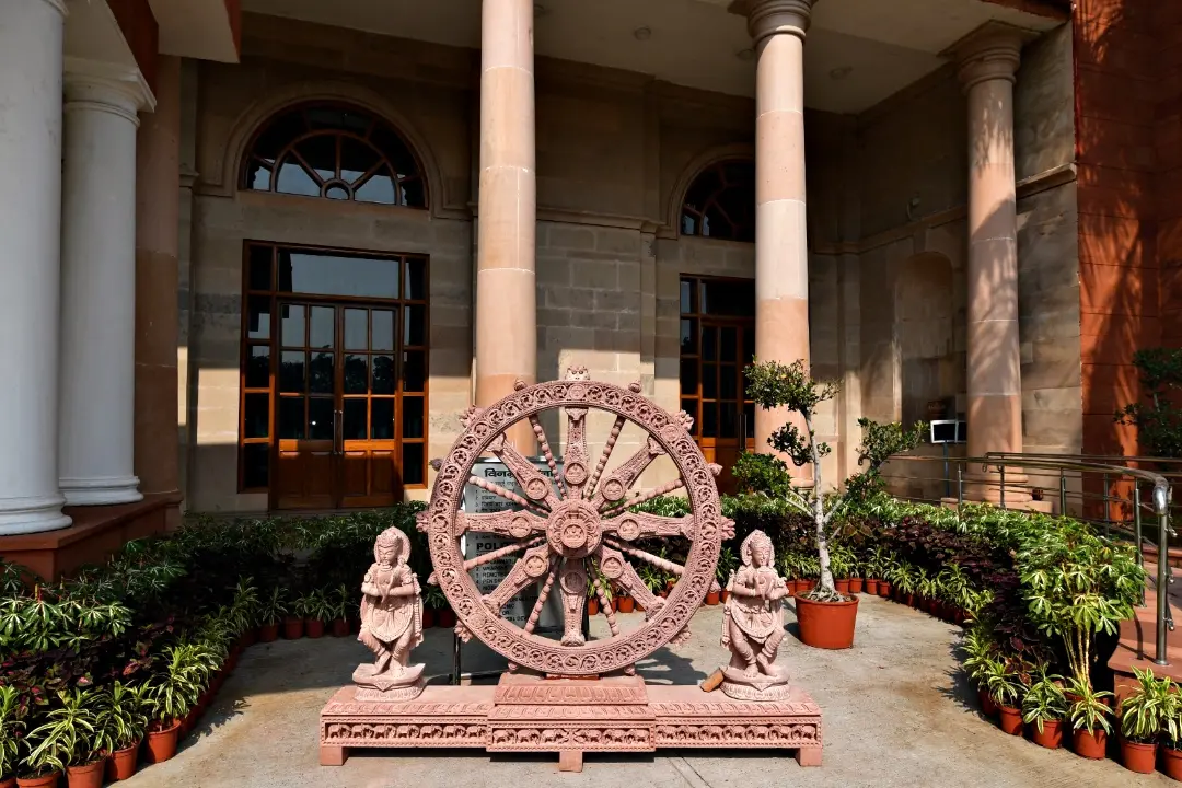 A replica of Konark wheels, made of sandstone is installed at Rashtrapati Bhavan Cultural Centre, in New Delhi | Photo: ANI