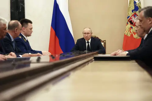 Russian President Vladimir Putin (C) meets with the country's top security officials in Moscow on June 26, 2023. Russian President Vladimir Putin on June 26, 2023 accused Ukraine and its Western allies of trying to foment a civil war with a revolt by mercenaries of the Wagner group, which stunned the country with an aborted march on Moscow over the weekend. Photo: AFP