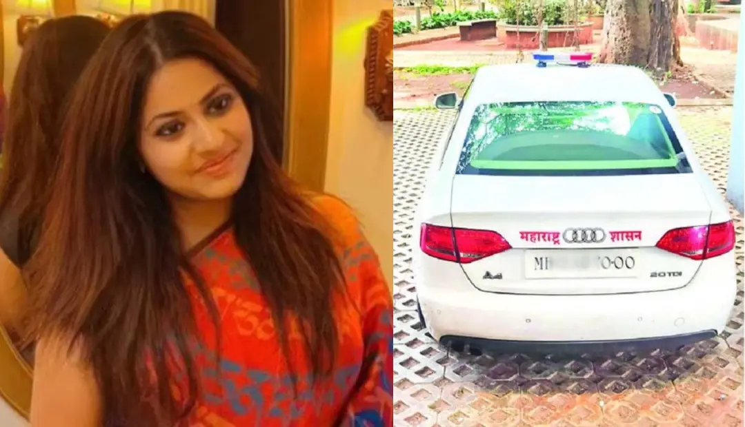 Puja Khedkar and her car that was confiscated by Pune police