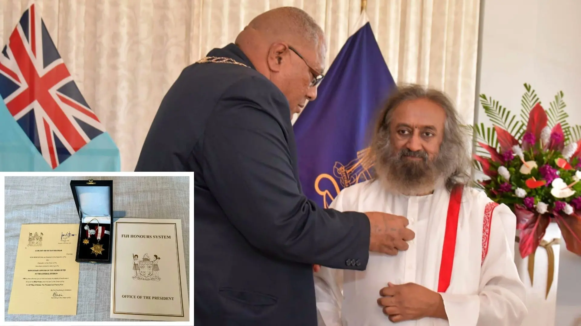 Sri Sri Ravi Shankar, inset: Honourary Officer Of The Order of Fiji