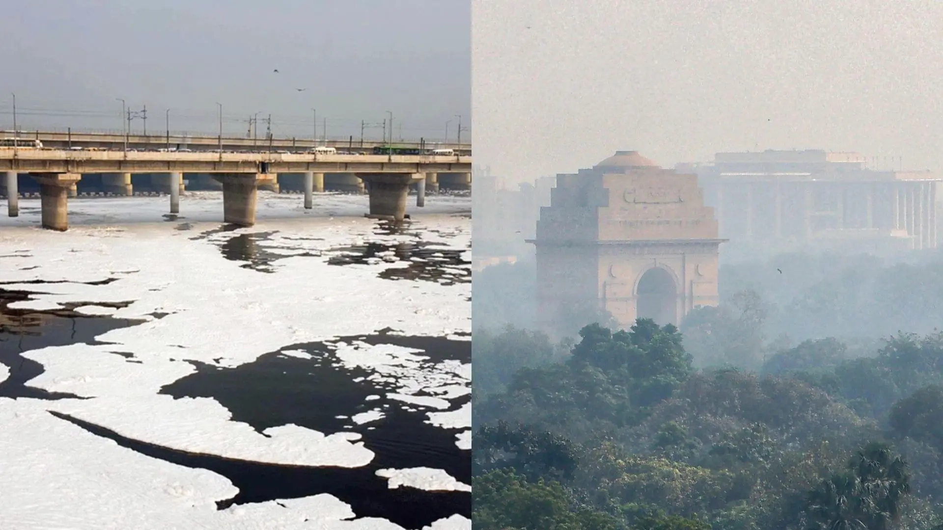 Toxic froth seen floating in Yamuna, India Gate shrouded in smog | Photos: ANI, PTI