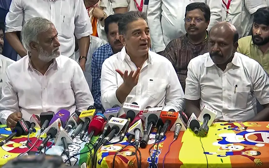 Makkal Needhi Maiam (MNM) chief and actor Kamal Haasan addresses the press conference | Filephoto: ANI