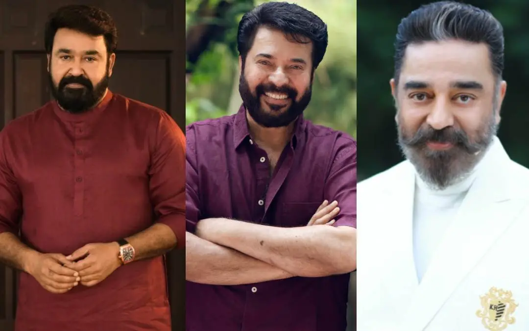From (L) Mohanlal, Mammootty and Kamal Haasan. | Photo: facebook/mammootty, mohanlal, kamal hassan