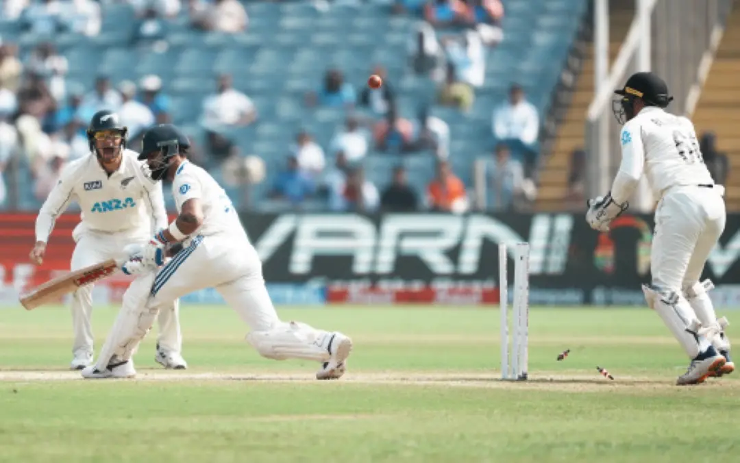 India's Virat Kohli bowled by New Zealand's Mitchell Santner on day two of the second test match at Maharashtra Cricket Association Stadium, Pune.