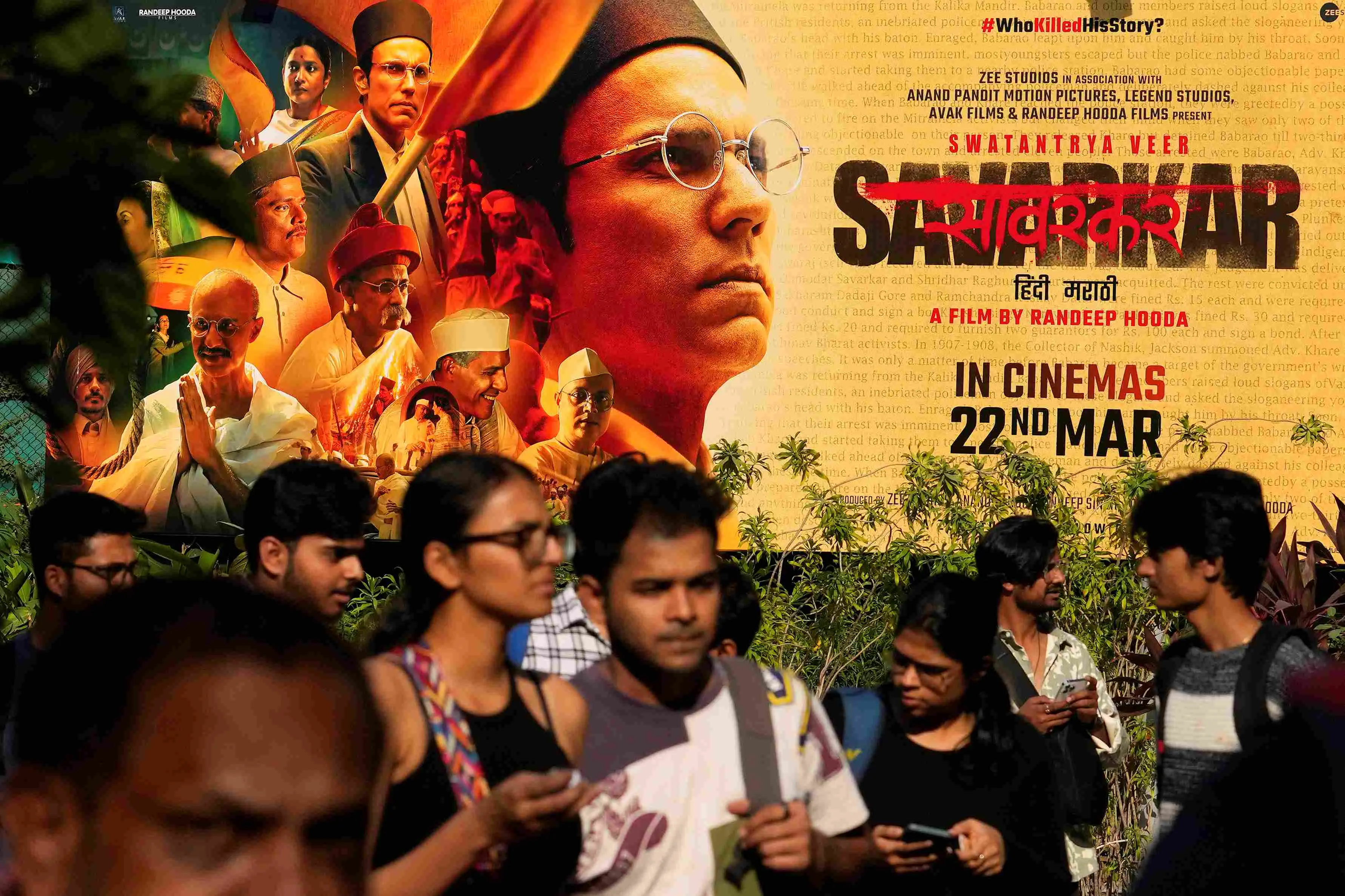 Poster of the movie Swatantra Veer Savarkar displayed outside a cinema hall in Mumbai l Photo: AP