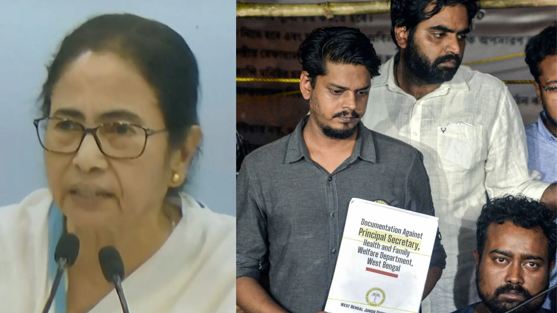 CM Mamata Banerjee talks to the media after a meeting with junior doctors, protesting doctors during a press conference at their fast-unto-death hunger strike before leaving for the Nabanna to meet teh CM | Photo: PTI, ANI