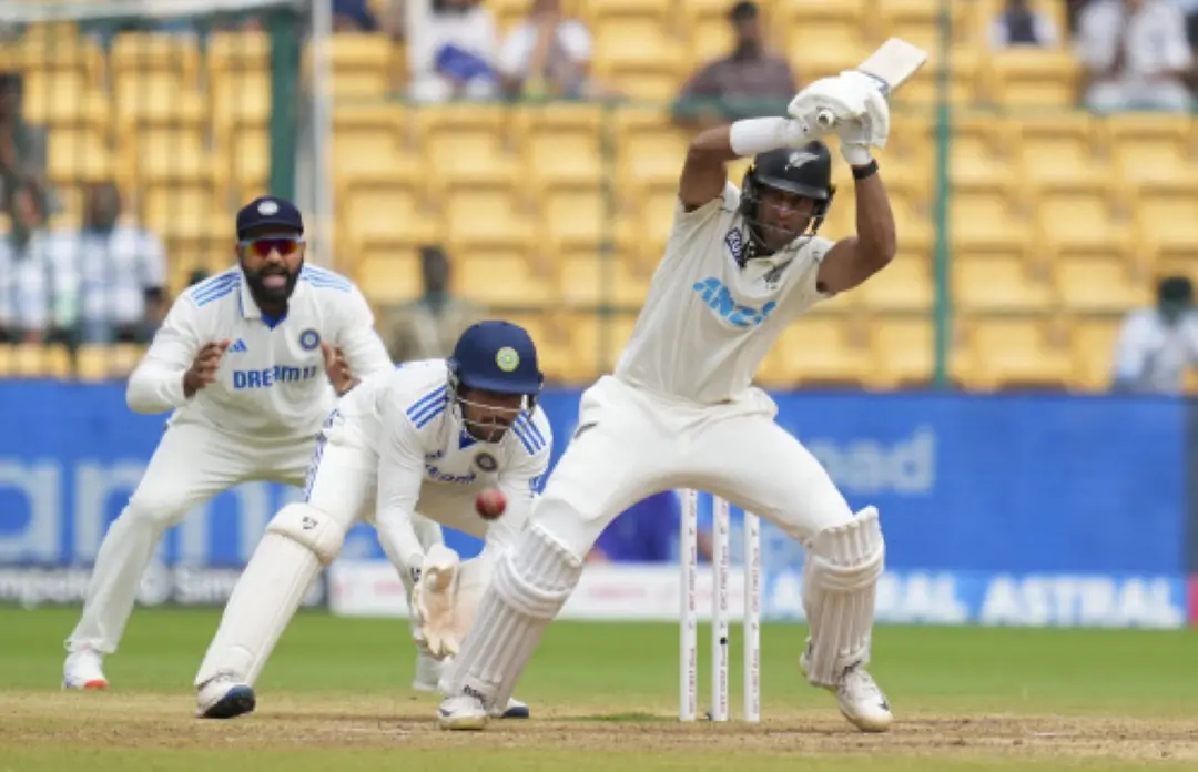New Zealand's Rachin Ravindra plays a shot during the fifth day of the first test cricket match between India and New Zealand at M Chinnaswamy Stadium, in Bengaluru. | Photo: PTI
