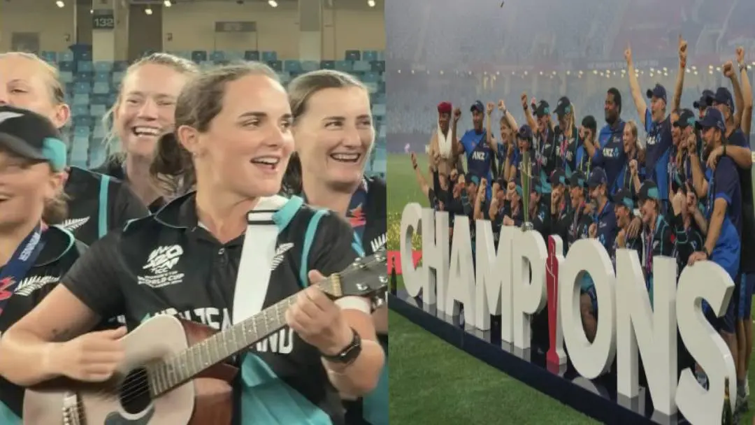 From (L) Amelia Kerr with the guitar; NZ players posing with the World Cup trophy. | Photo: Screengrab/Agencies/X