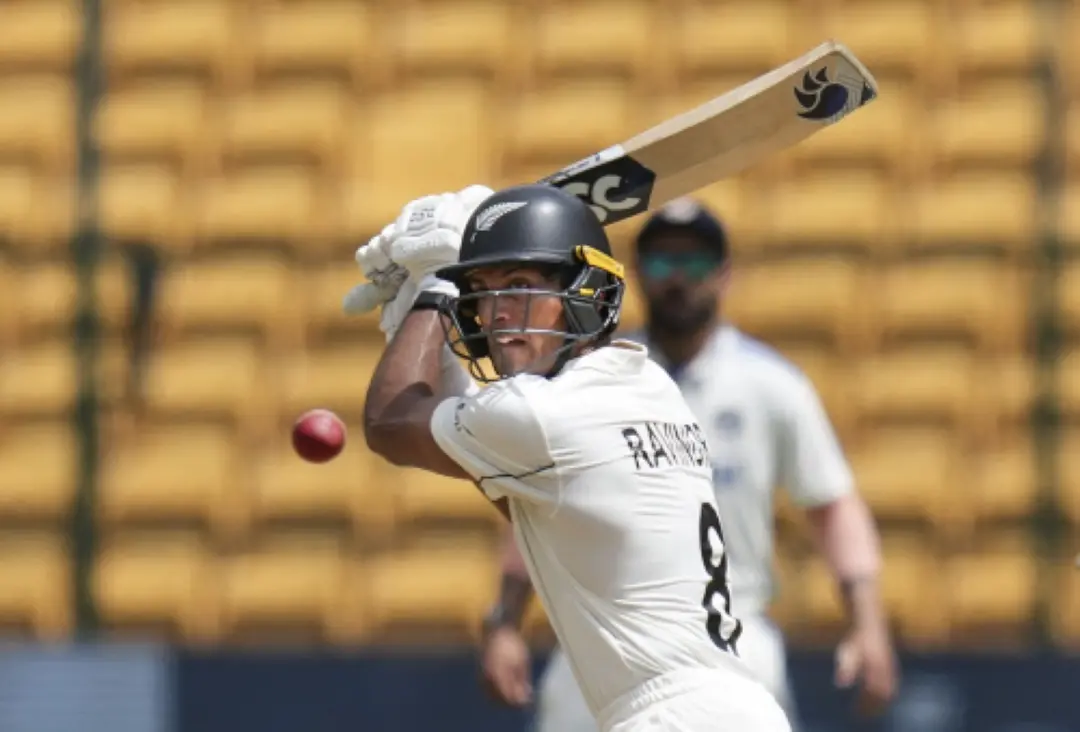 New Zealand batter Rachin Ravindra plays a shot during the first cricket test match between India and New Zealand at M Chinnaswamy Stadium in Bengaluru. | Photo: PTI
