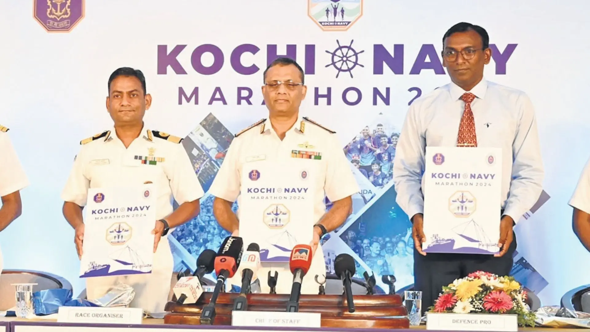 Southern Naval Command Sports Officer Captain T Ranjit Sundaram, Race organiser Commodore Sandeep D Sabnis, Southern Naval Command Chief of Staff Rear Admiral Upal Kundu, Defense PRO Commander Athul Pillai and Race Director Commander Prince Mathai during the press meet.