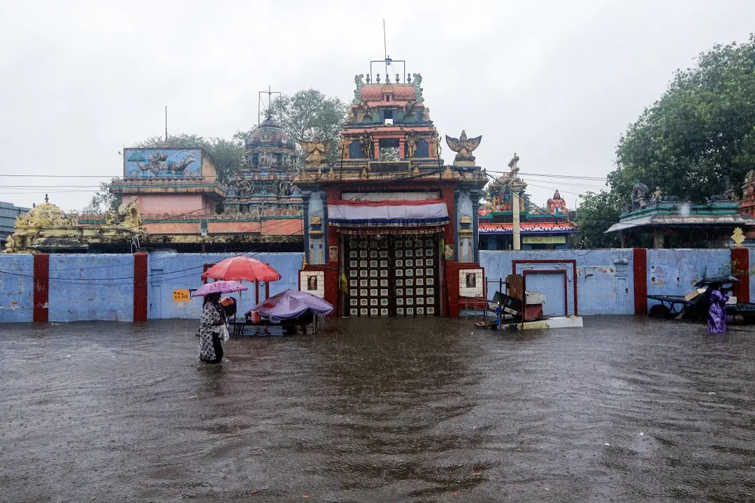 A temple partially submerged in flood water after heavy rainfall in Chennai on Tuesday | Photo: ANI
