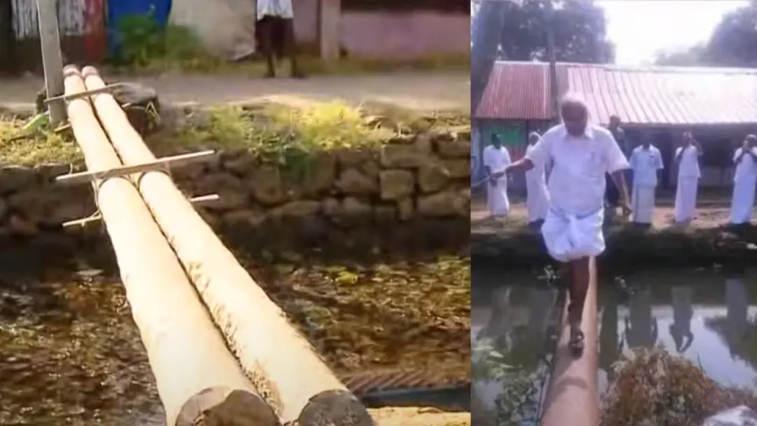 From (R), Former CM Oommen Chandy crossing the bridge situated in Thiruvarppu panchayat in 2016, (seperate image) of the bridge. | Photo: Screengrab/ Mathrubhumi News
