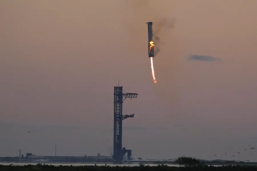 In a first, SpaceX 'catches' megarocket booster after test flight
