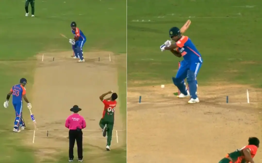 Sanju hits a six against Mustafizur Rahman. | Photo: Screengrab/ x.com/CricCrazyJohns