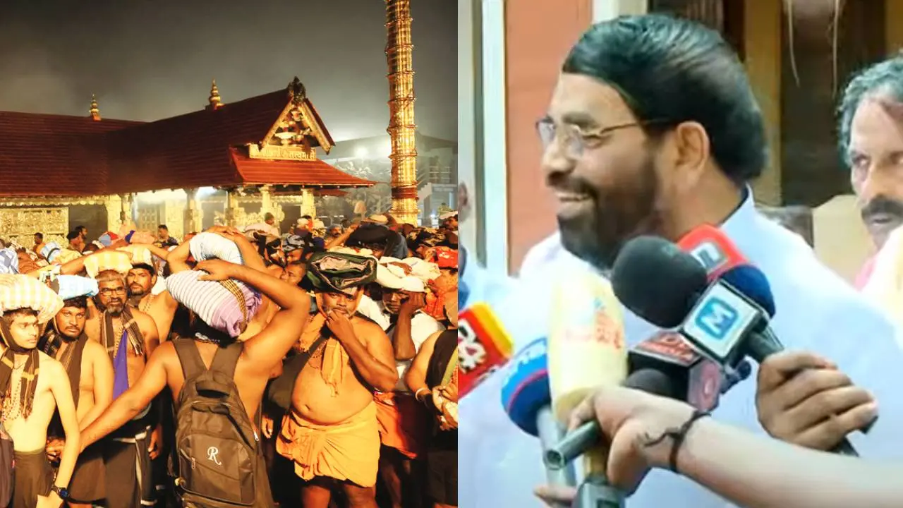 Pilgrims at Sabarimala; Miinster V N Vasavan speaking to media | Photo: Mathrubhumi