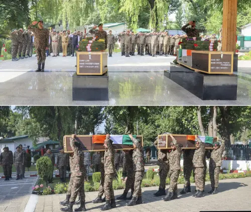 Dignitaries pay homage to L NK Pardeep Kumar and Sep Pravin Janjal Prabhakar, who made the supreme sacrifice in the line of duty in Kulgam on Saturday and, bottom, mortal remains of both martyred being carried. (PTI Photo)