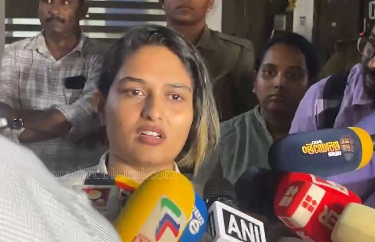 Actor Prayaga Martin speaking to media after police interrogation in connection with a drug party in Kochi
