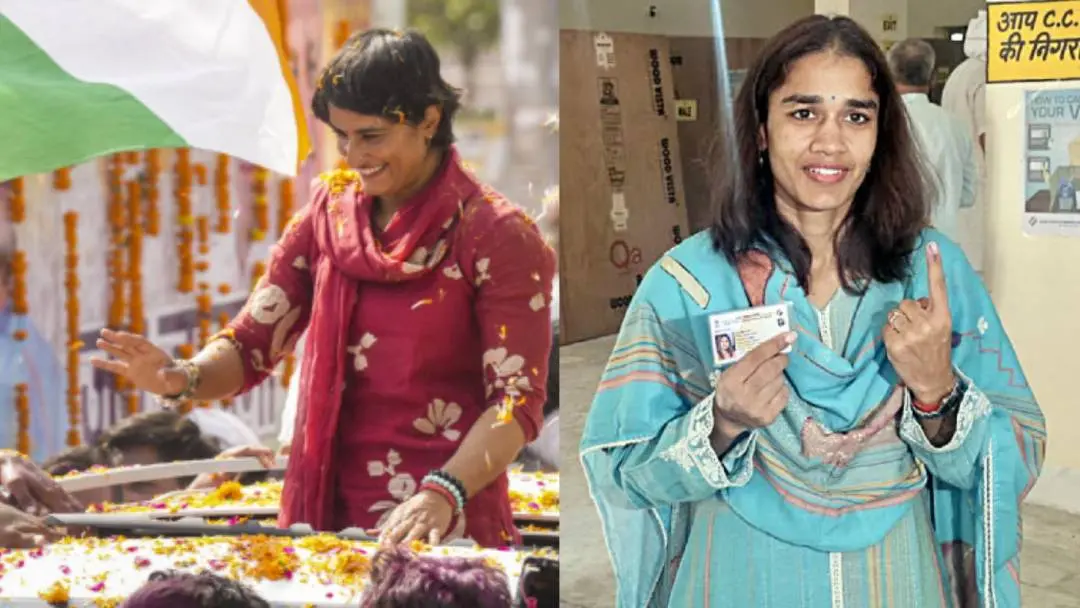 From (L) Vinesh celebrating her victory in Haryana polls; Babit Phogat at polling booth. | Photo: Agencies