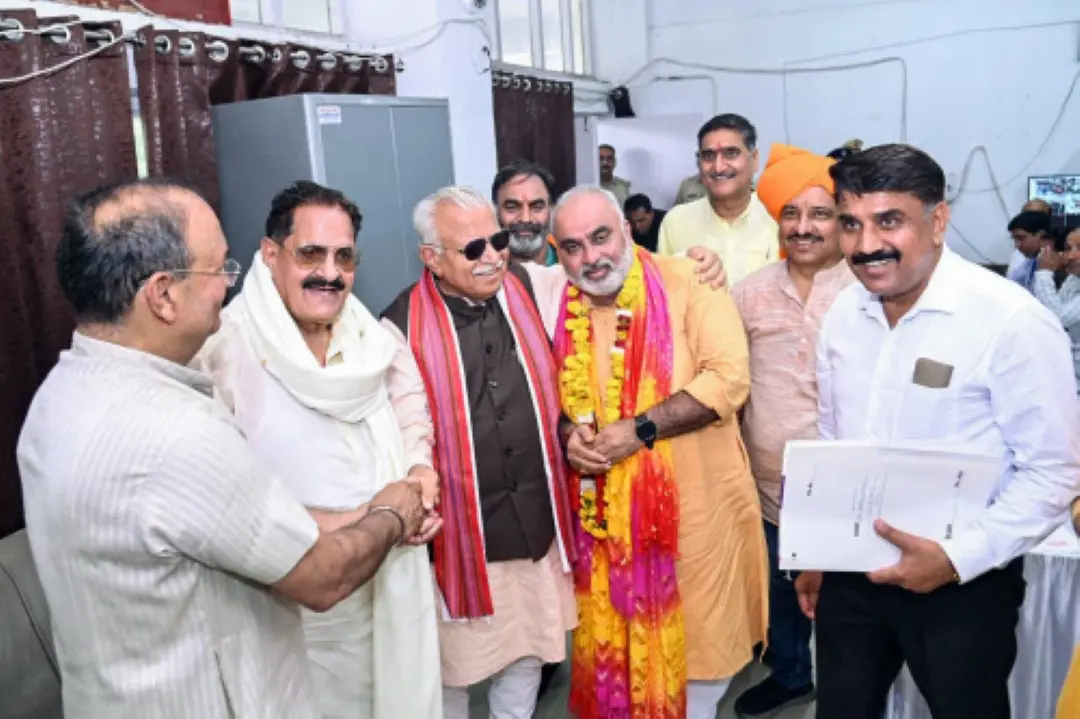 Union Minister of Housing and Urban Affairs Manohar Lal Khattar accompanies Bharatiya Janata Party (BJP) candidate from the Karnal assembly constituency Jagmohan Anand Jhabranwale for his nomination papers filing for the Haryana Assembly polls. | Photo: ANI