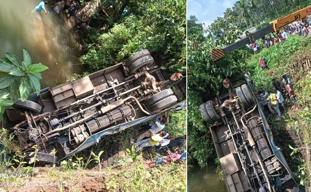 The overturned KSRTC bus at Thiruvambadi where rescue operations are underway | Photo: Special arrangement