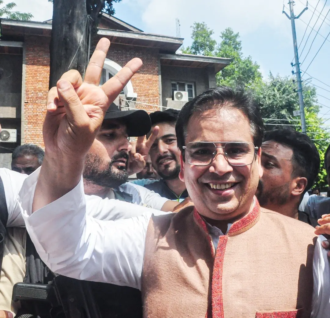 Tanvir Sadiq shows a victory sign after filing his nomination papers for the Jammu and Kashmir Assembly elections | File photo: ANI