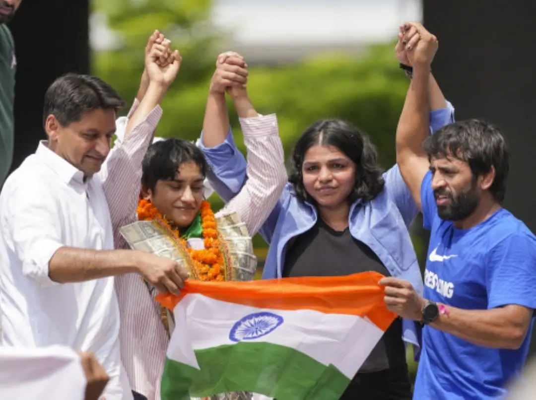 From (L) Vinesh Phogat, Sakshi Malik and Bajrang Punia. | File Photo: PTI