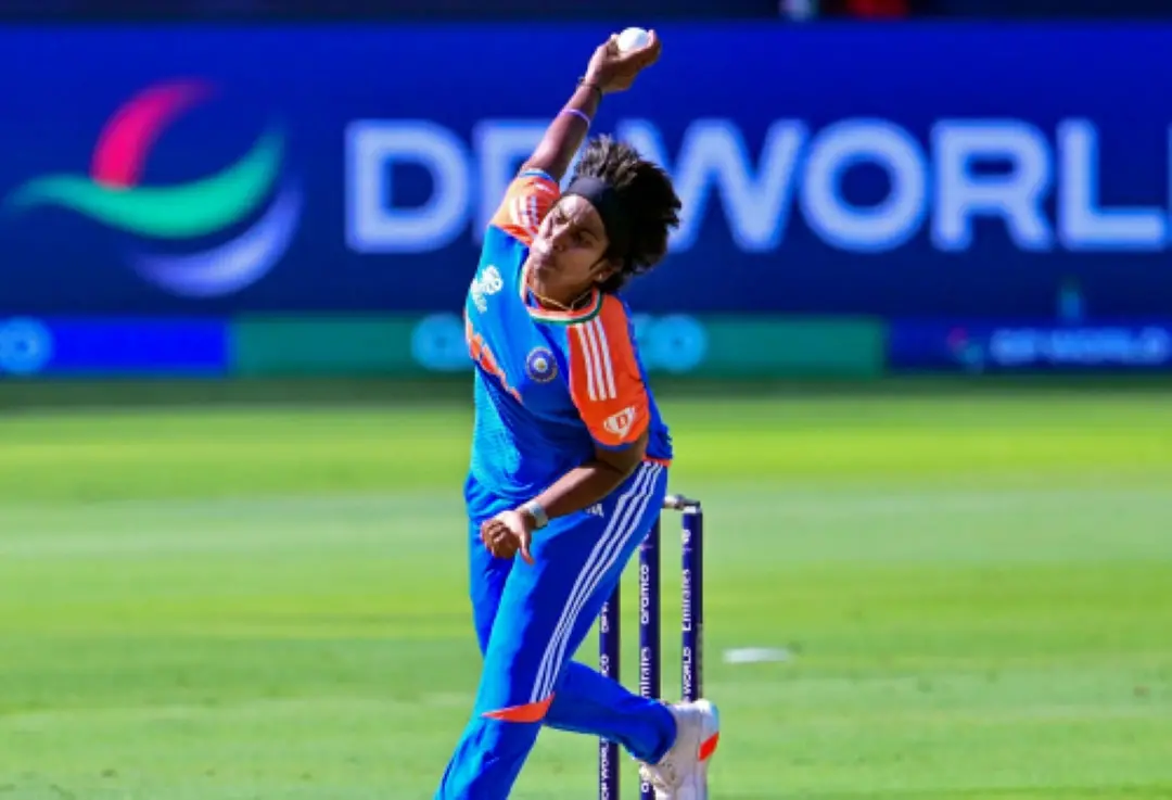 India's Arundhati Reddy bowls during the Group A match against Pakistan in the ICC Women's T20 World Cup 2024, at Dubai International Cricket Stadium in Dubai on Sunday. | Photo: ANI