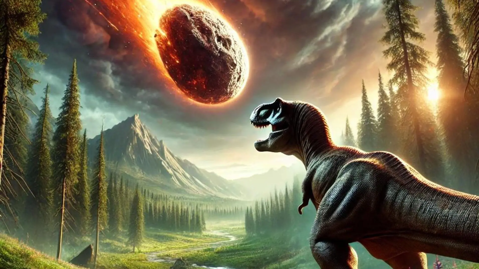 AI generated image of an asteroid and dinosaur