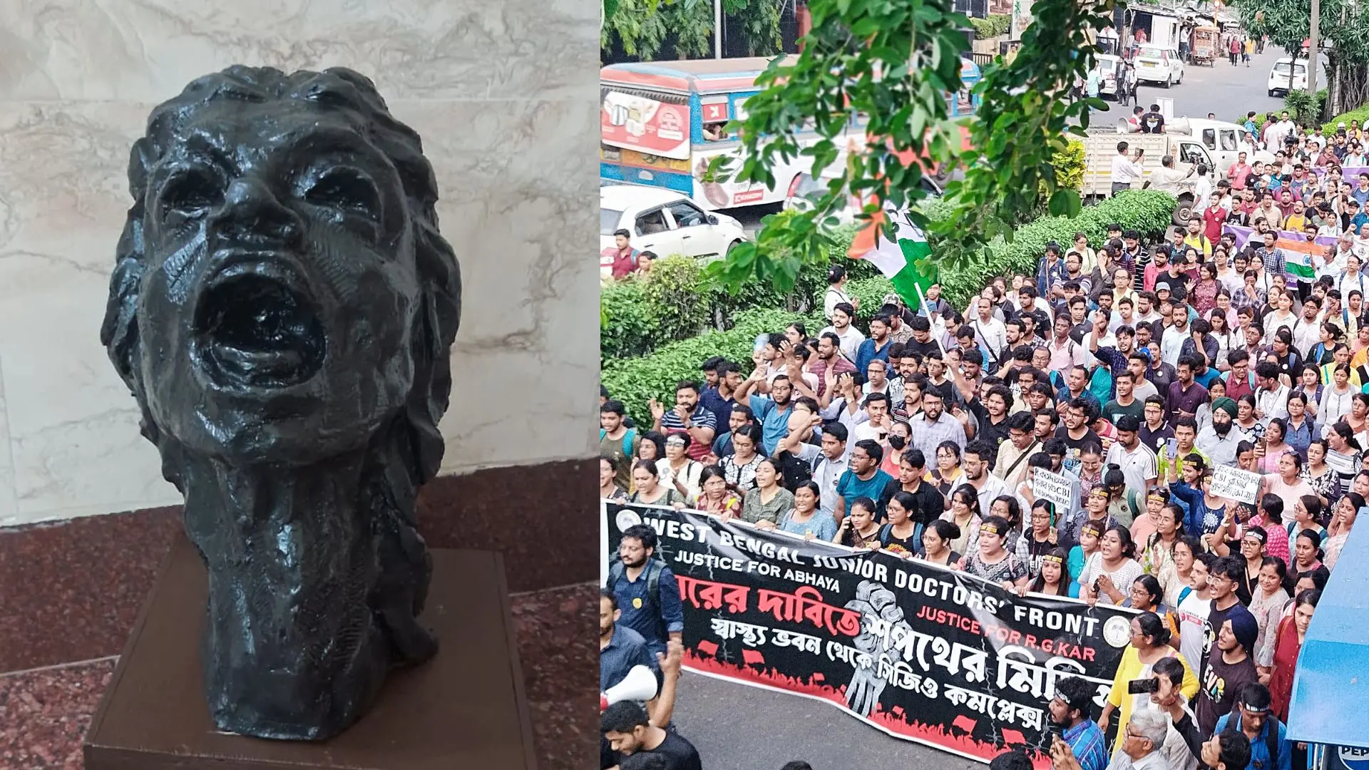 The 'Woman in Pain' statue, Junior doctors take out a protest rally to CGO Complex | Photo: X, ANI