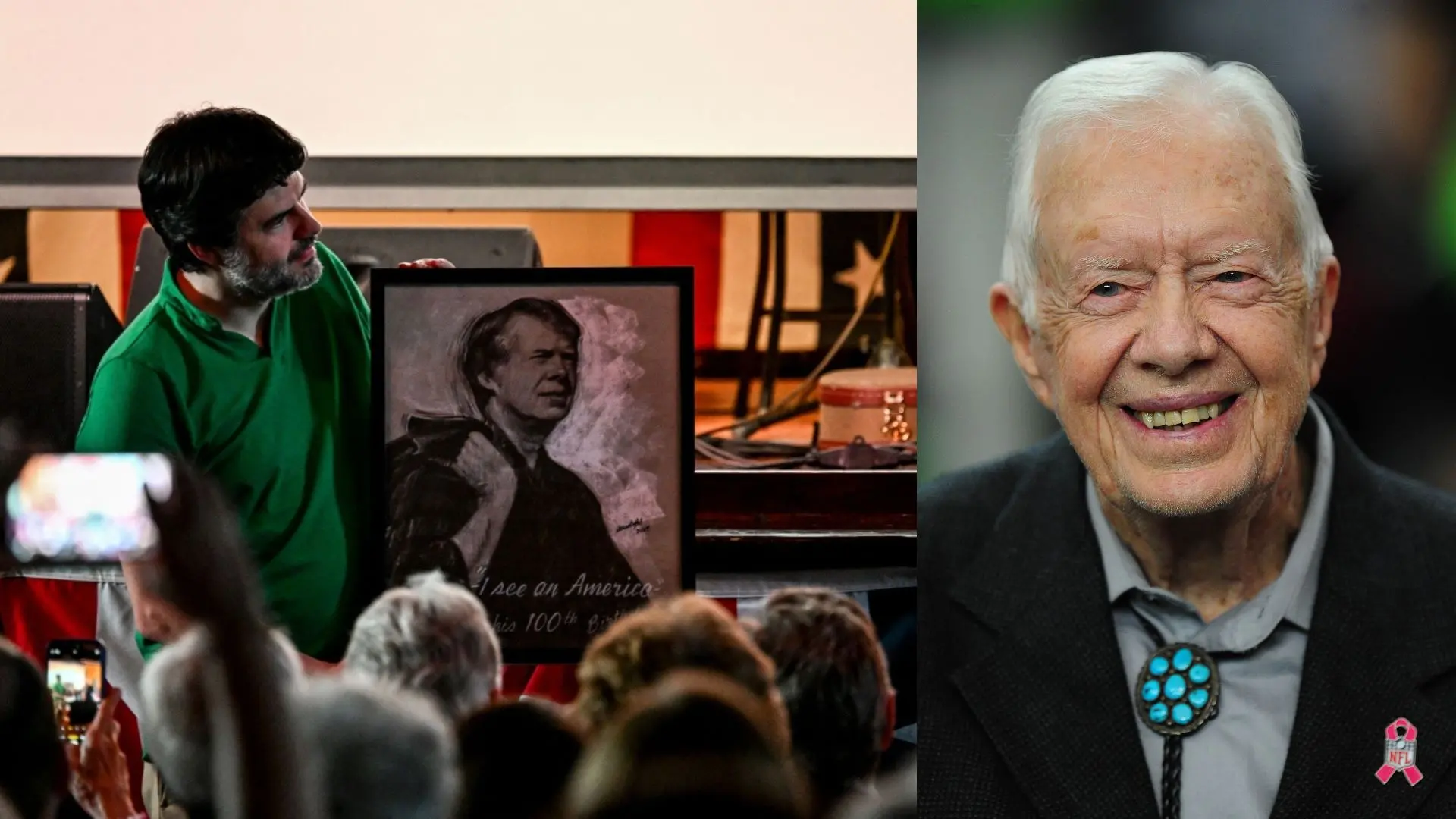 A man presents a portrait of former US President Jimmy Carter during a celebration of former US President Jimmy Carter's 100th birthday, Jimmy Cartel | Photo: AFP