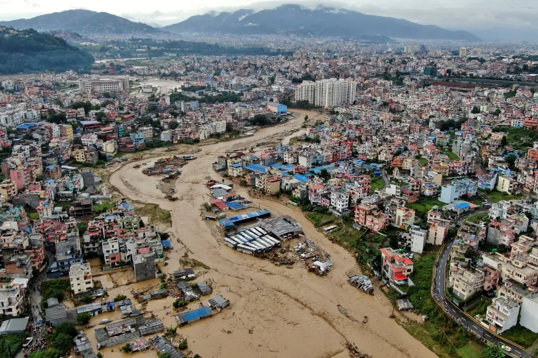 In this aerial image of the Kathmandu valley, Bagmati River is seen in flood due to heavy rains in Nepal | Photo: AP
