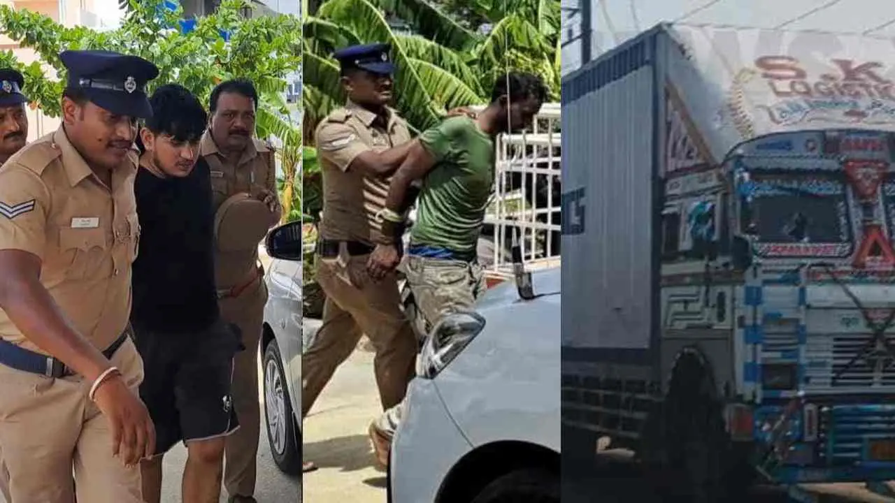 Accused caught by the Tamil Nadu Police, container lorry in which the accused tried to escape | Photo: Special arrangement
