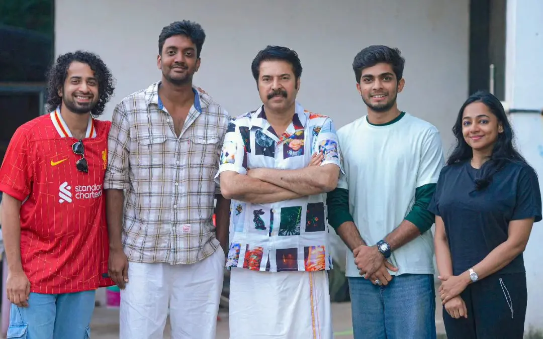 Arun Kurian, Mammootty, Chanthu Salimkumar, Naslen, Shanthy Balachandran | Photo: facebook/mammootty kampany
