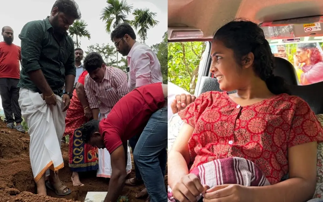 Kalpetta MLA T Siddique laying foundation for the new house of Sruthi (L), Sruthi witnessing the same from an ambulance