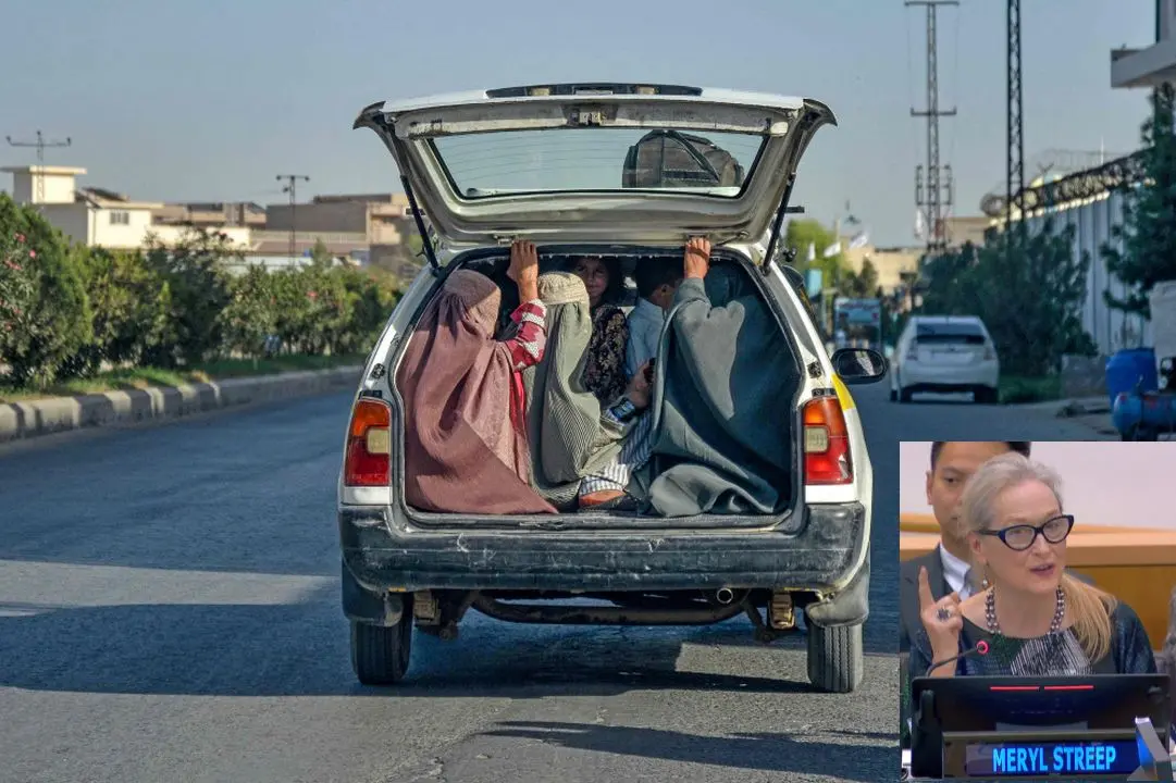 Afghan burqa-clad women travel on the back of a local taxi in Kandahar, (INSET) Meryl Streep | Photograph: Sanaullah Seiam/AFP