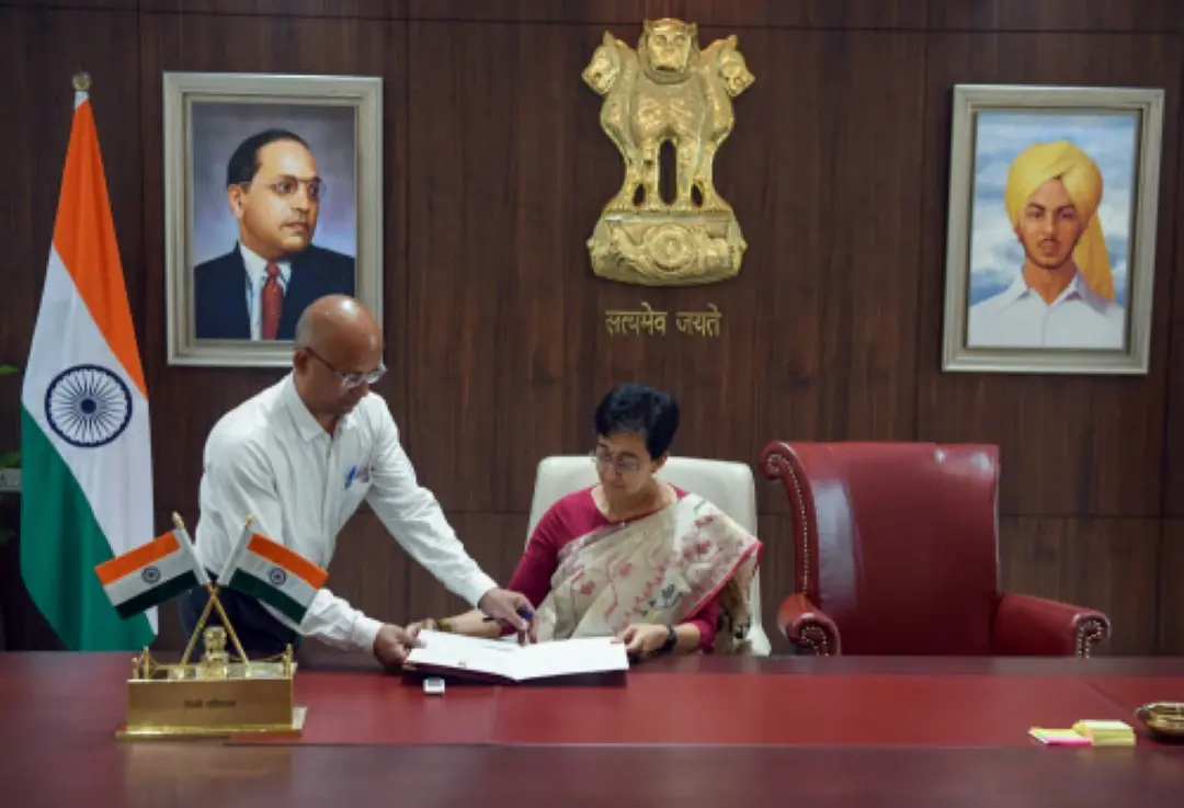 Delhi Chief Minister Atishi assumes her charge at Delhi Secretariat, in New Delhi on Monday. | Photo: ANI