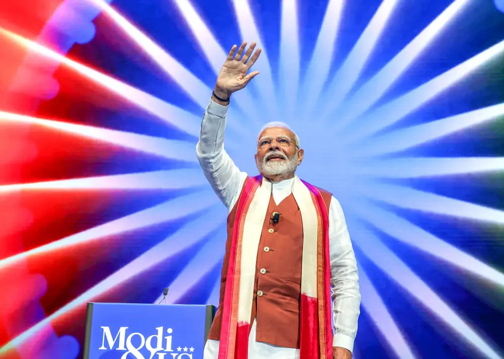 Prime Minister Narendra Modi greets the Indian diaspora at Nassau Coliseum arena, in New York | ANI