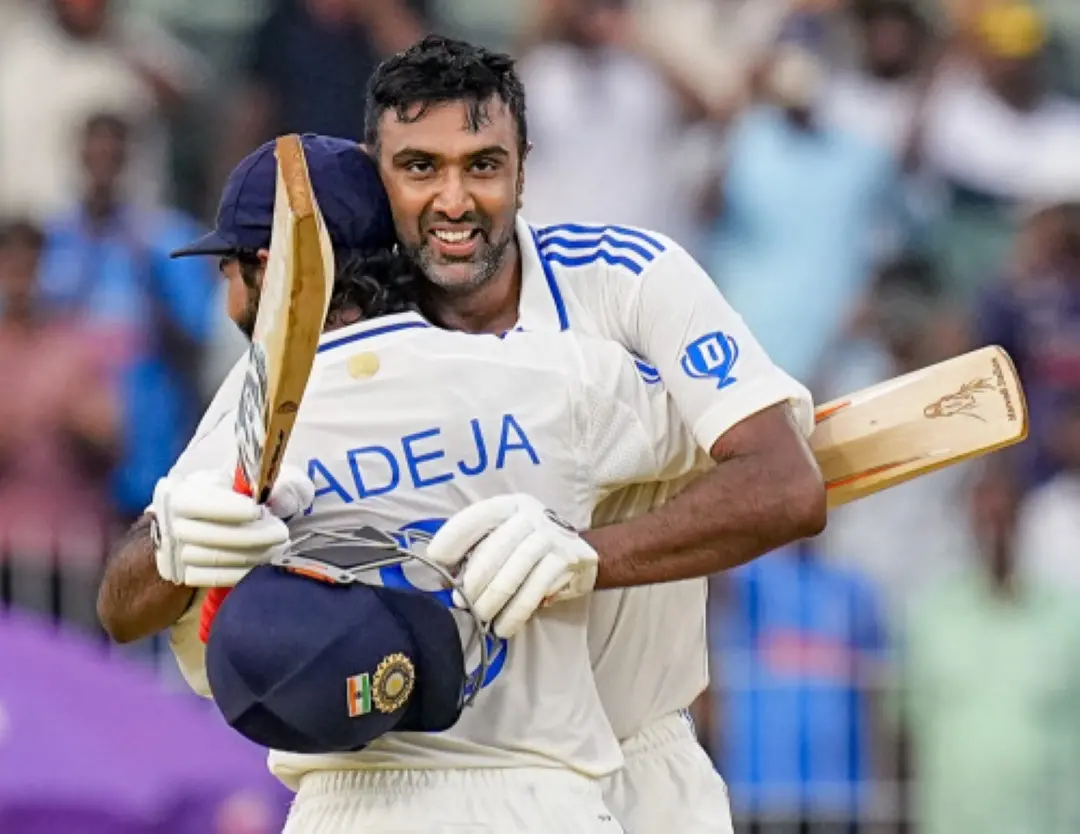 Ravichandran Ashwin celebrates his century with teammate Ravindra Jadeja during the first day of the first test cricket match between India and Bangladesh, at the MA Chidambaram Stadium, in Chennai, on Thursday. | Photo: PTI