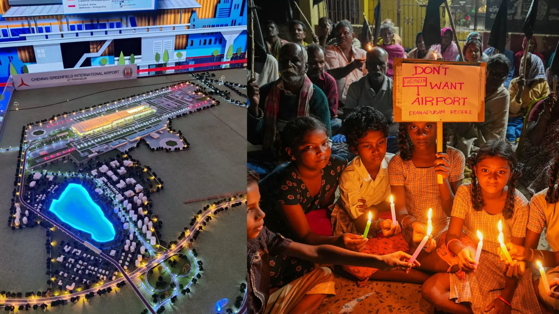 High level outline model of the upcoming Parandur airport, Protest agaisnt land acquisition by the government for Parandur Airport | Photo: X, PTI