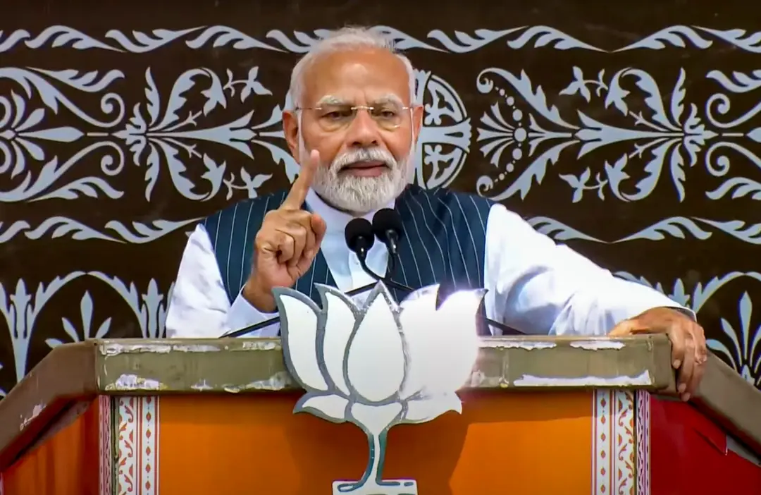 Prime Minister Narendra Modi addresses a public meeting ahead of the upcoming Jammu and Kashmir Assembly elections, in Doda district