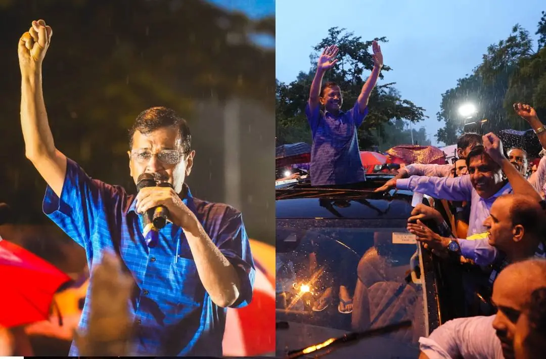 Arvind Kejriwal waves at supporters after being released from Tihar jail. | Photo: X